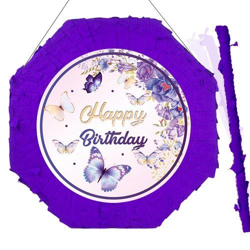 Kelebek Desenli Pinyata Mor renkli Happy Birthday yazılı  Sopalı 42 cm