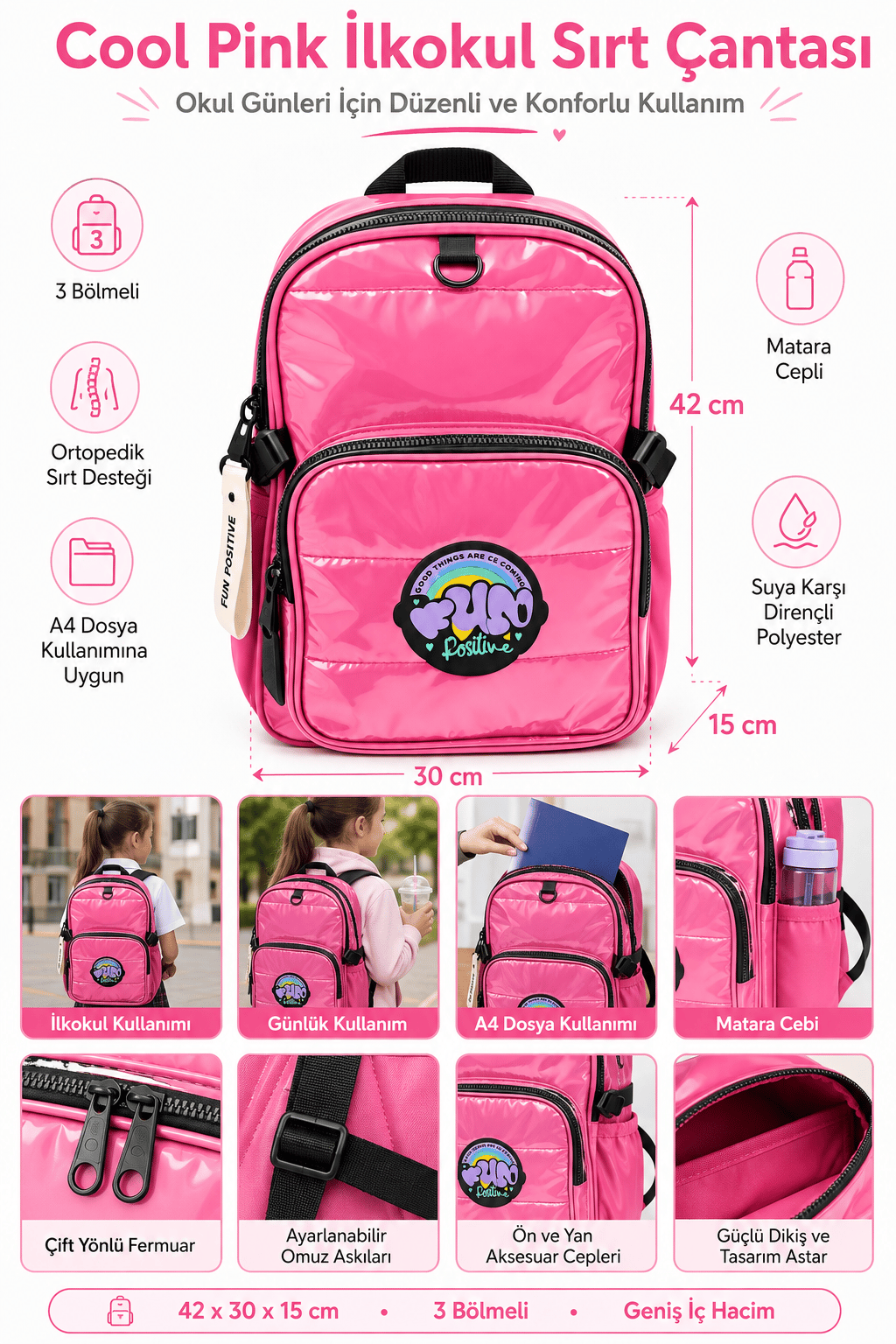 Kız Çocuk İlkokul Sırt Çantası Cool Pink Pembe 3 Bölmeli Ortopedik Matara Cepli 42x30x15 cm