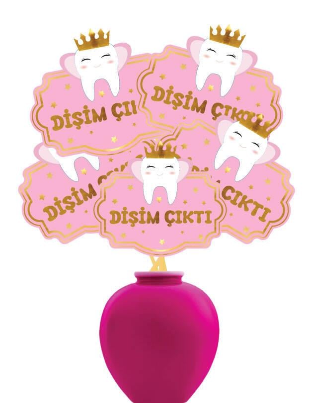 Konuşma Balonu Dişim Çıktı Pembe Renkli 5 li Kız Çocuğu Diş Partisi Diş Buğdayı