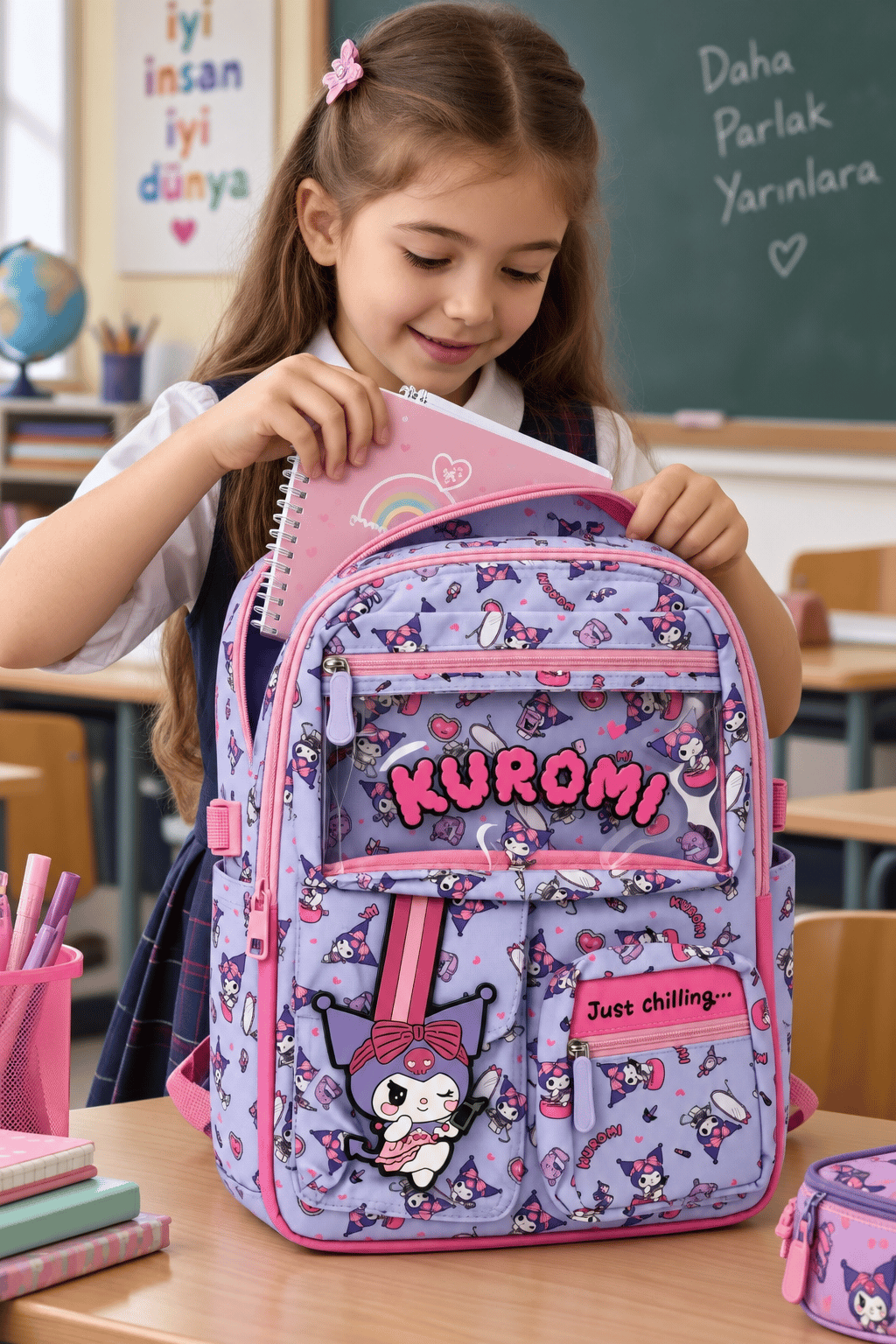 Kuromi Kız Çocuk İlkokul Çantası Pembe Lila 3 Gözlü Renkli Okul Sırt Çantası 42 x 27 x 15 cm