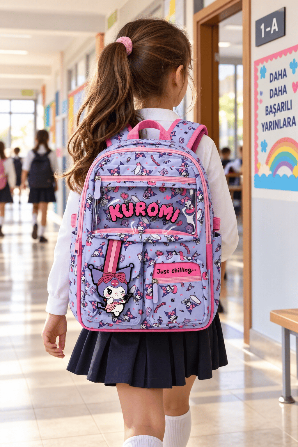 Kuromi Kız Çocuk İlkokul Çantası Pembe Lila 3 Gözlü Renkli Okul Sırt Çantası 42 x 27 x 15 cm