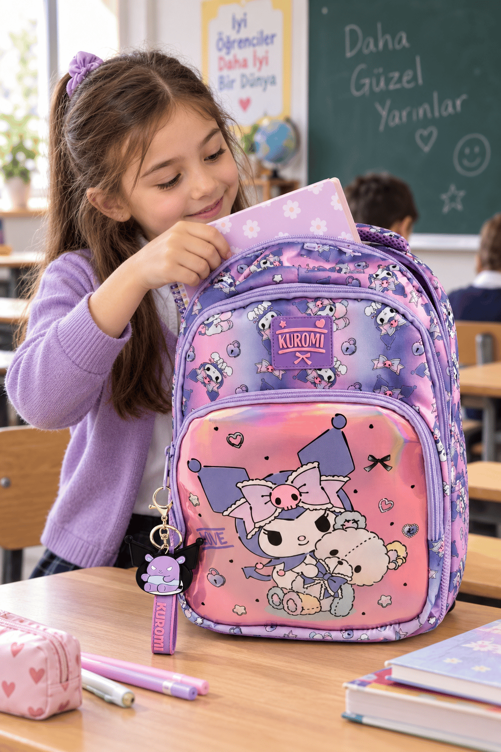 Kuromi Lisanslı Çocuk İlkokul Çantası Mor 3 Gözlü Okul İçin Sırt Çantası Modeli 40 x 28 x 15 cm