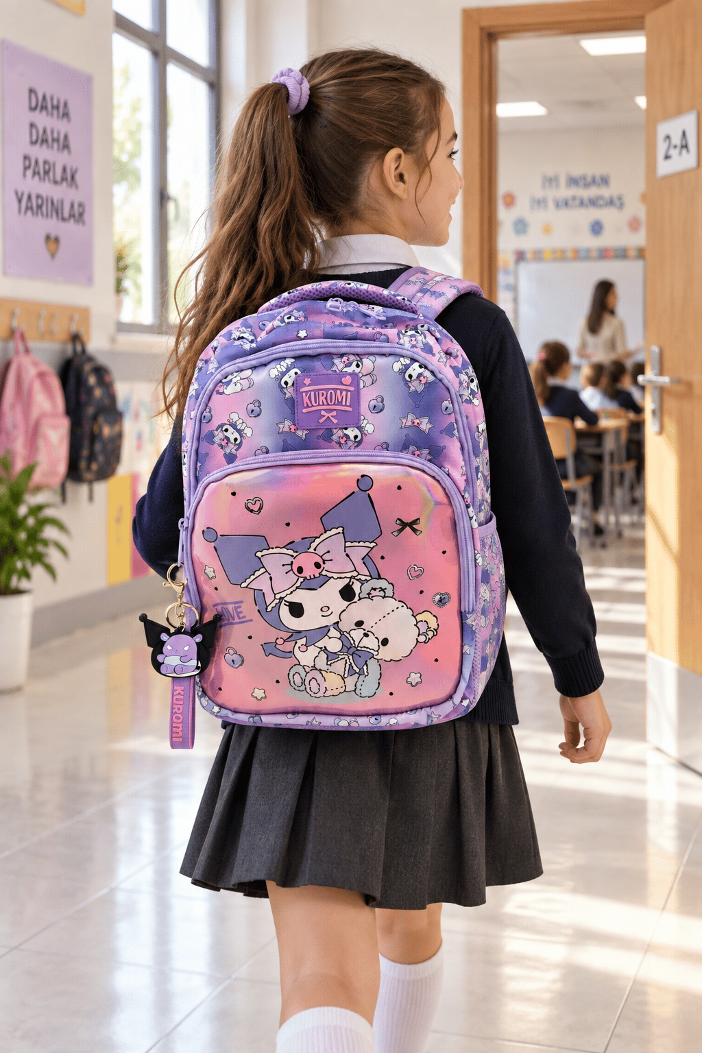 Kuromi Lisanslı Çocuk İlkokul Çantası Mor 3 Gözlü Okul İçin Sırt Çantası Modeli 40 x 28 x 15 cm