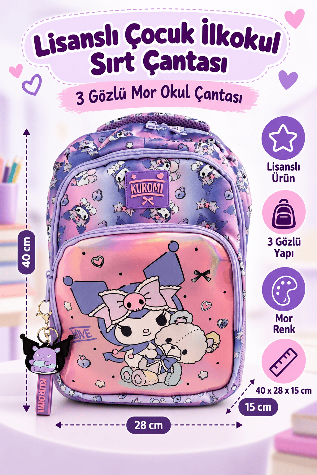 Kuromi Lisanslı Çocuk İlkokul Çantası Mor 3 Gözlü Okul İçin Sırt Çantası Modeli 40 x 28 x 15 cm