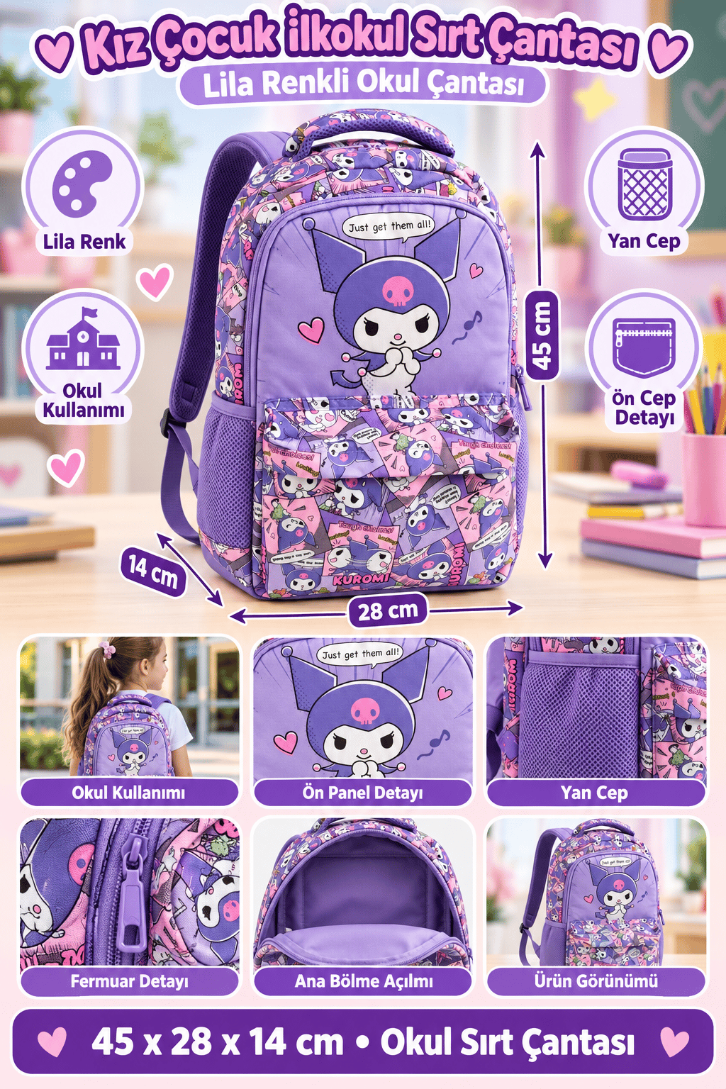 Kuromi Okul Çantası Sırt Çantası 45 28 14