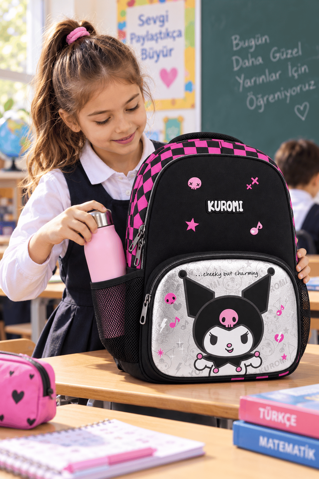 KUROMİ Okul çantası siyah 41 28 14 Üç farklı bölmeden, su geçirmeyen, benzersiz tasarım ve canlı renklerden oluşan bu havalı çanta ile eşyalarını rahatça taşıyabilirsin!     İki tarafında bulunan mataranı koyabileceğin kullanışlı bir cep, konfor ve destek