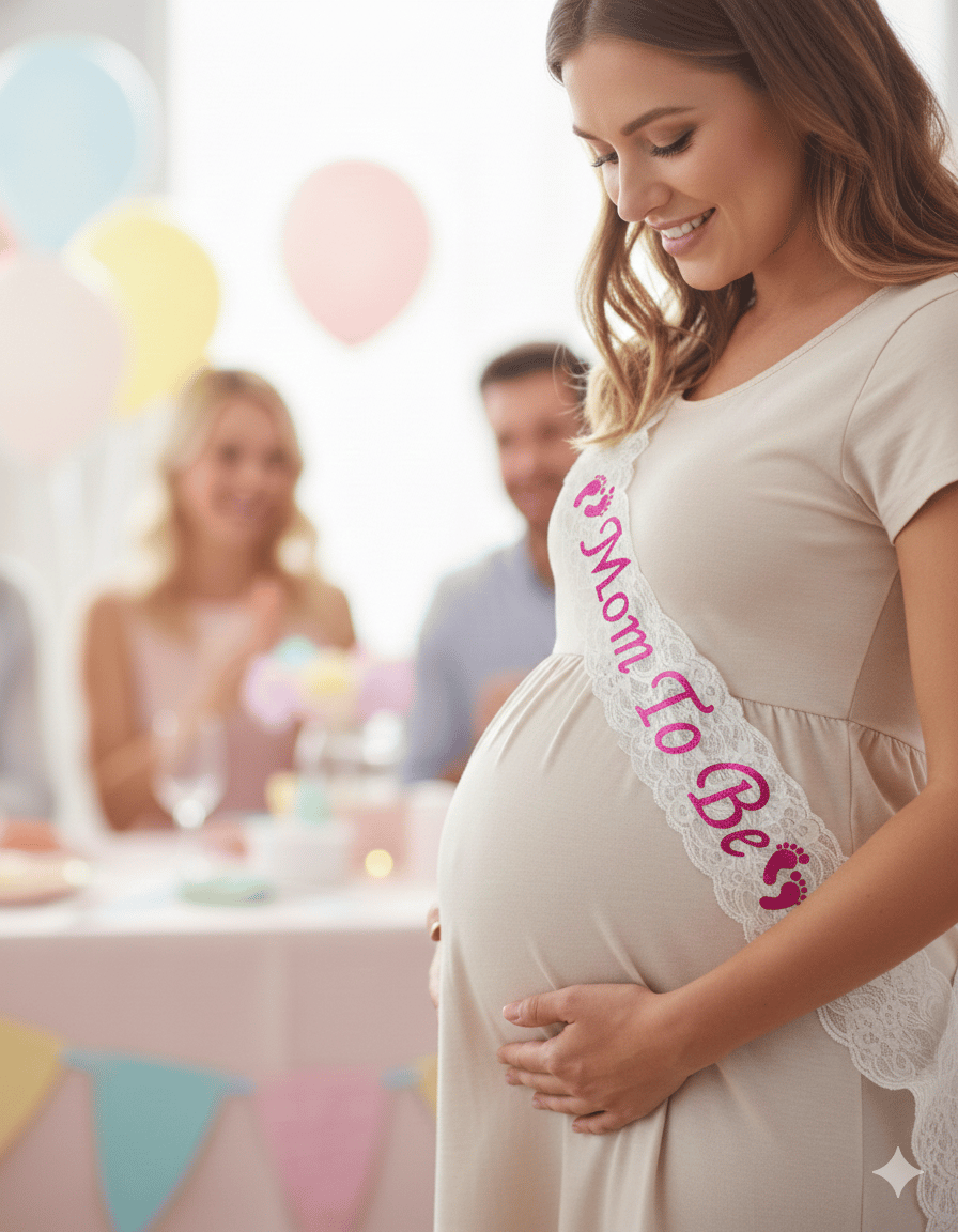 Kuşak Dantelli Mom To Be Anne ol.beyaz üstü fuşya
