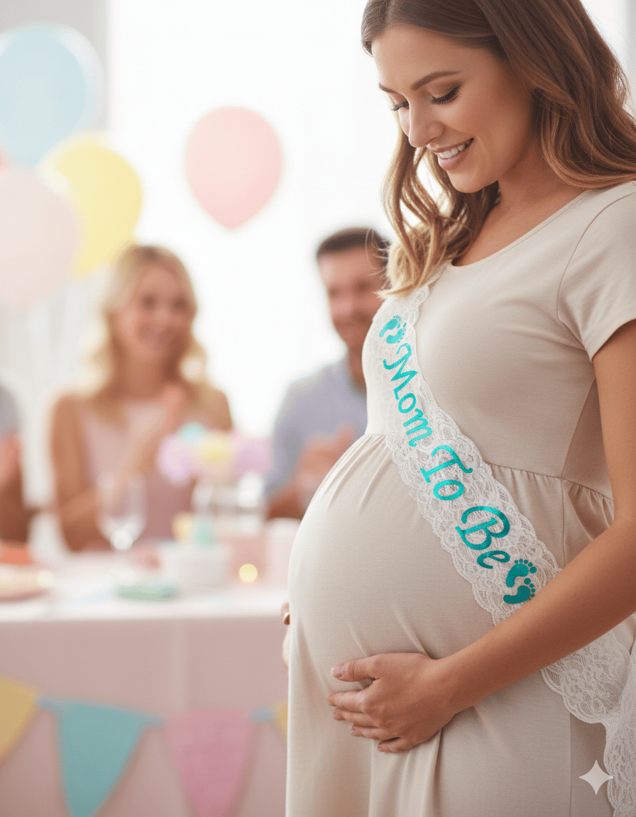 Kuşak Dantelli Mom To Be Anne ol.beyaz üstü MAVİ