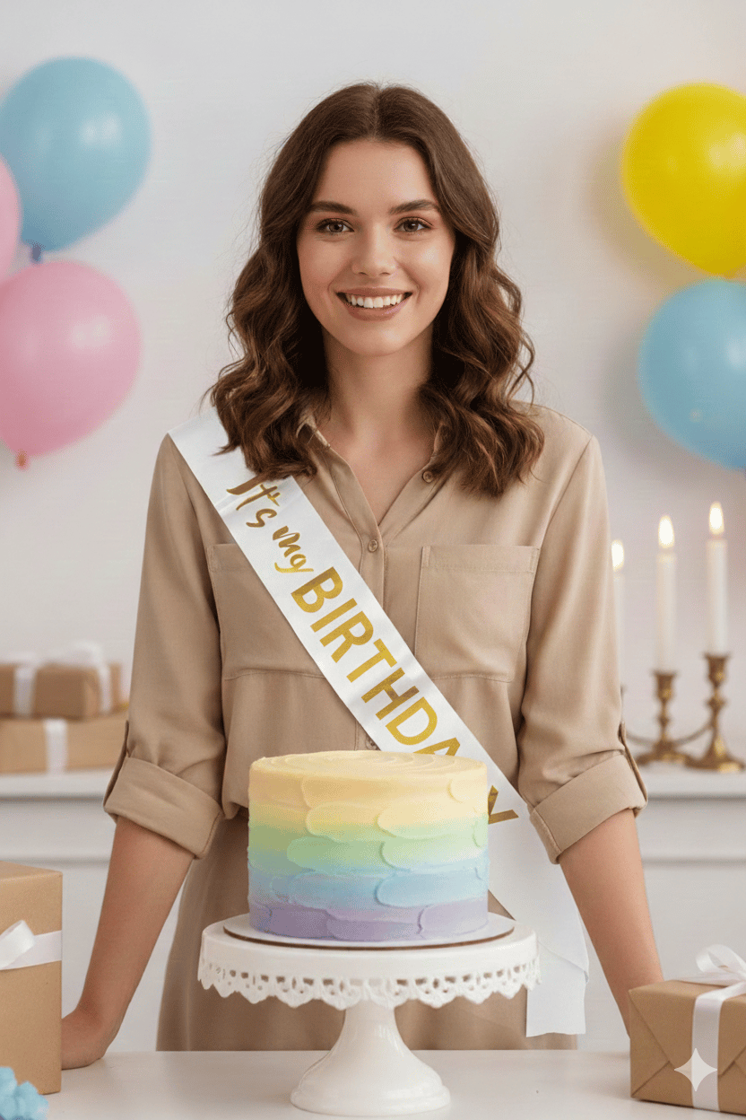 Kuşak İts my birthday yazılı beyaz saten ustü gold