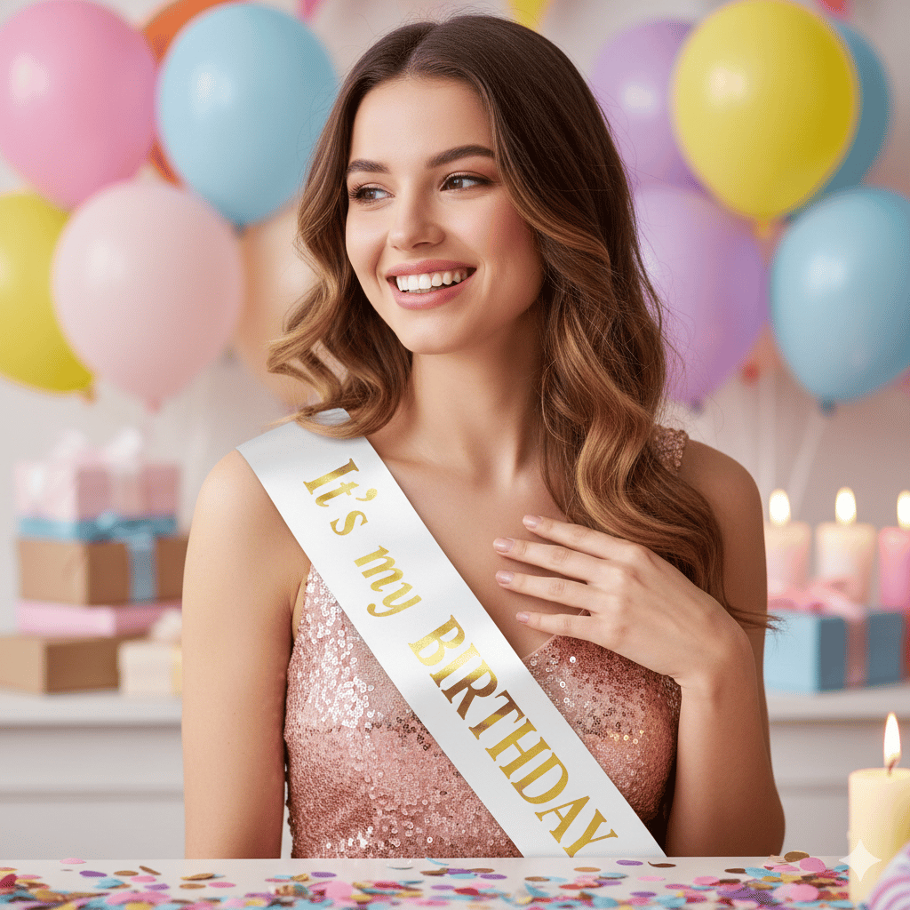 Kuşak İts my birthday yazılı beyaz saten ustü gold