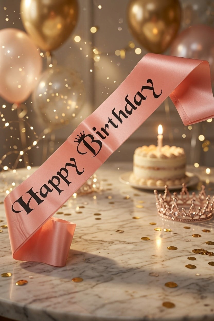Kuşak Saten Happy Birthday Somon Üzeri Siyah Baskı