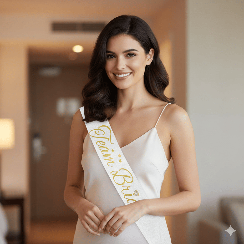 Kuşak Team Bride Beyaz üstü gold varaklı lüks karton yazı