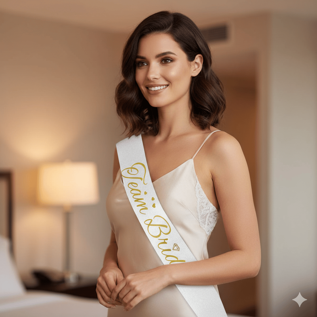 Kuşak Team Bride Beyaz üstü gold varaklı lüks karton yazı