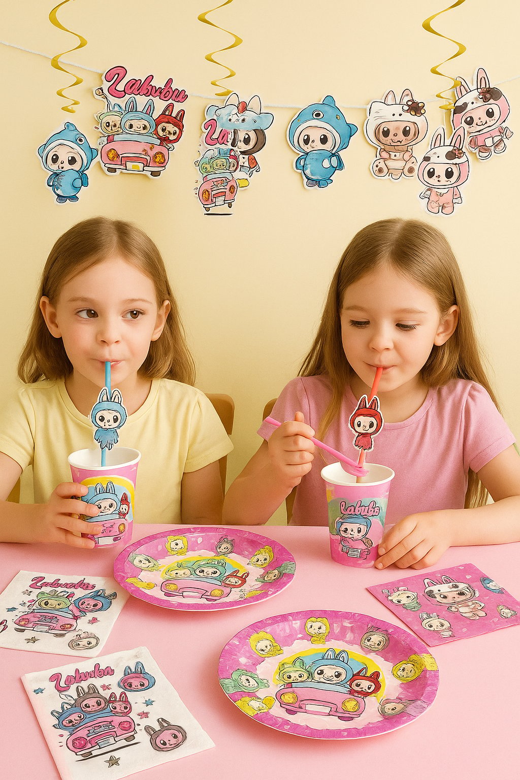 Labubu Temalı 8 adet Tabak+8ad.Bardak+20ad.Peçete+10ad.Körüklü Pipet+Dekoratif Banner+ Asmalı Sarkıt Süs 6lı Labubu Temalı Konsept Set 53 parça