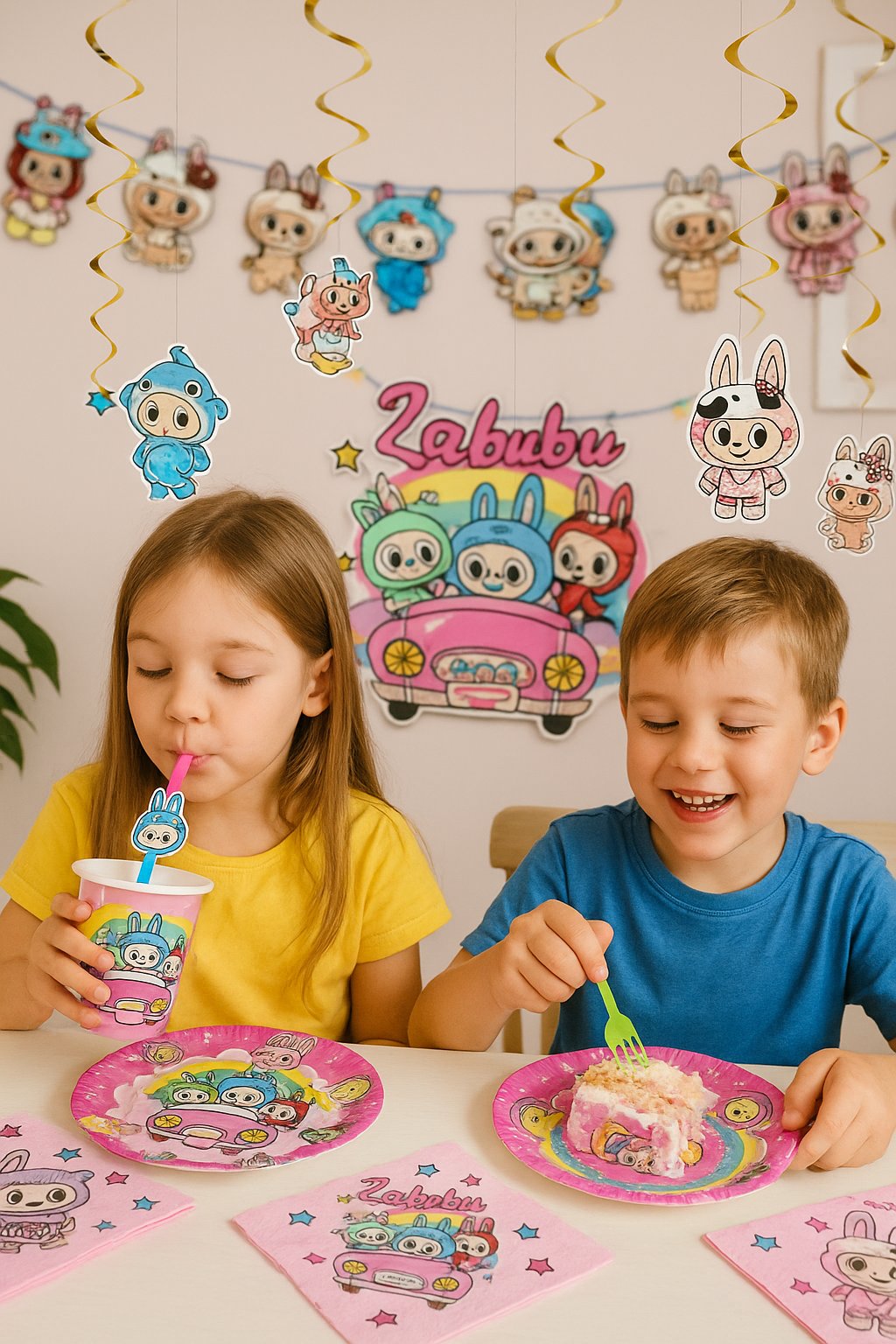 Labubu Temalı 8 adet Tabak+8ad.Bardak+20ad.Peçete+10ad.Körüklü Pipet+Dekoratif Banner+ Asmalı Sarkıt Süs 6lı Labubu Temalı Konsept Set 53 parça