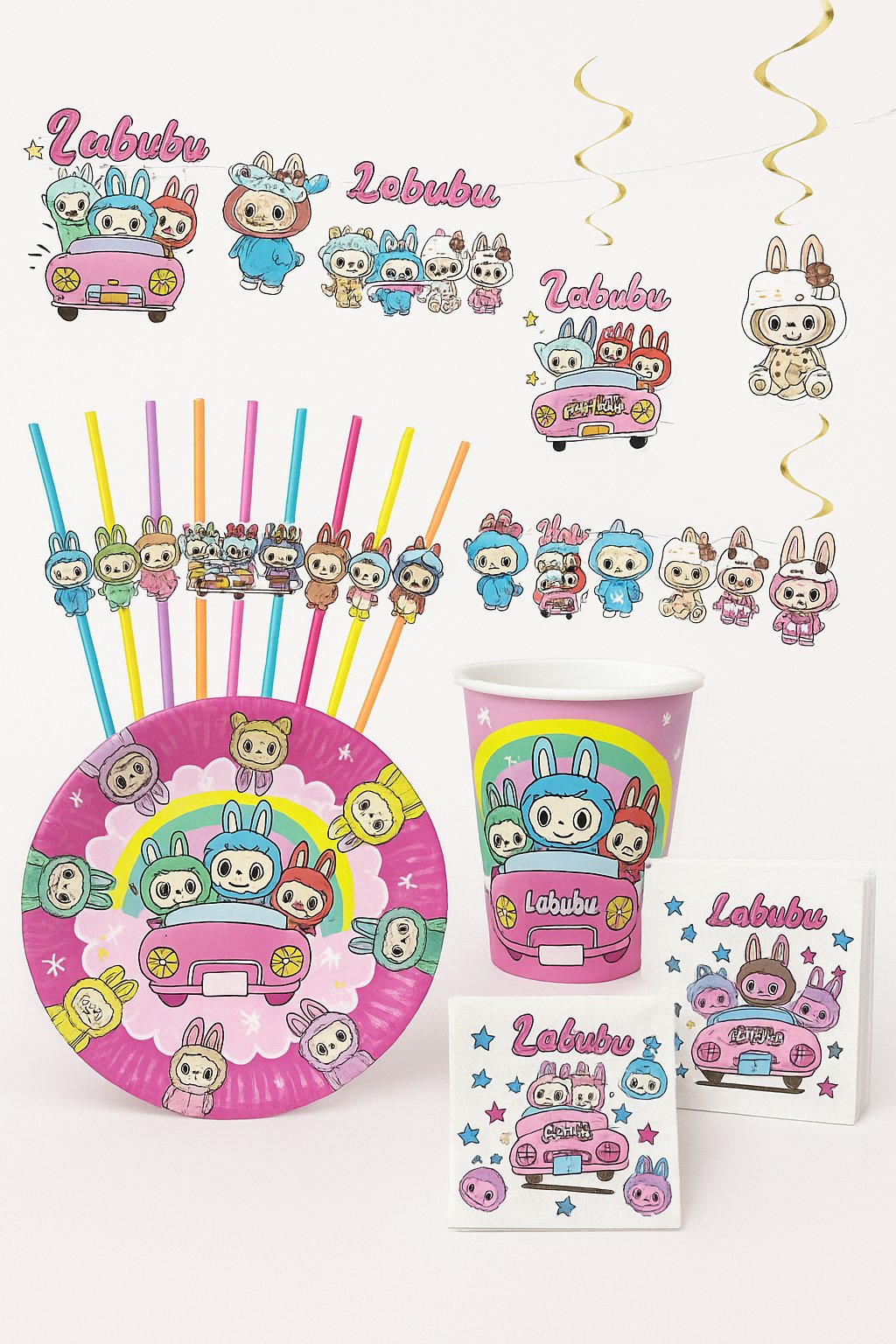 Labubu Temalı 8 adet Tabak+8ad.Bardak+20ad.Peçete+10ad.Körüklü Pipet+Dekoratif Banner+ Asmalı Sarkıt Süs 6lı Labubu Temalı Konsept Set 53 parça