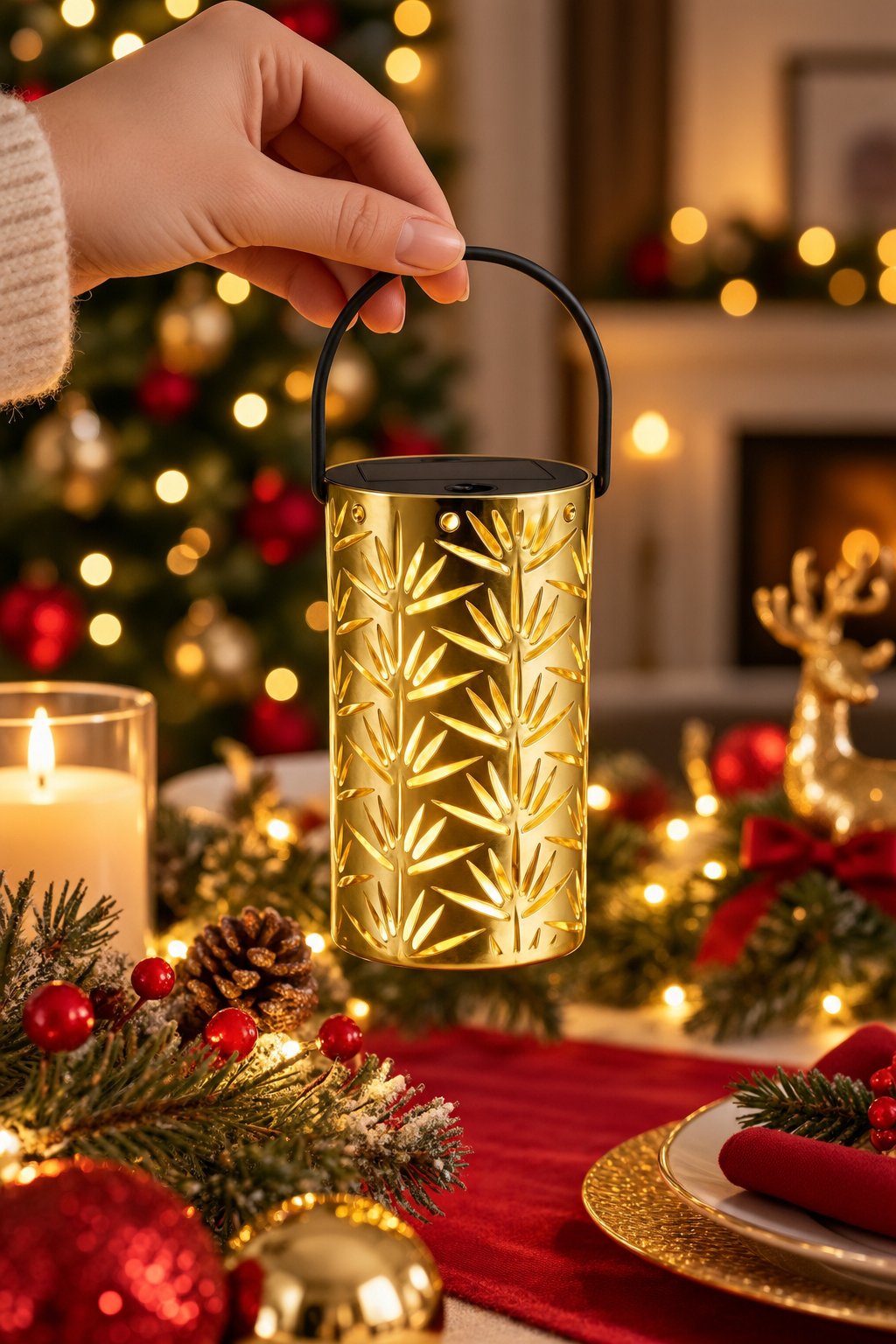 Led ışık Gold Metal Dekoratif Pilli Led Fener Lamba yapraklı askılı