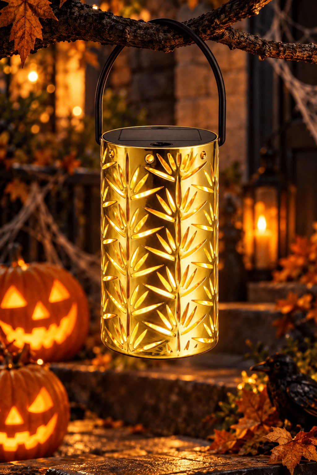 Led ışık Gold Metal Dekoratif Pilli Led Fener Lamba yapraklı askılı