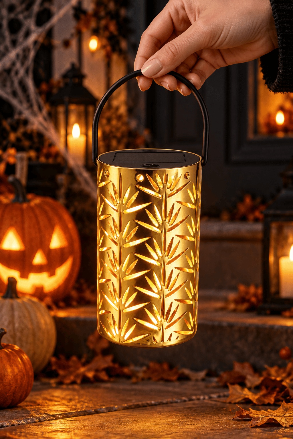 Led ışık Gold Metal Dekoratif Pilli Led Fener Lamba yapraklı askılı