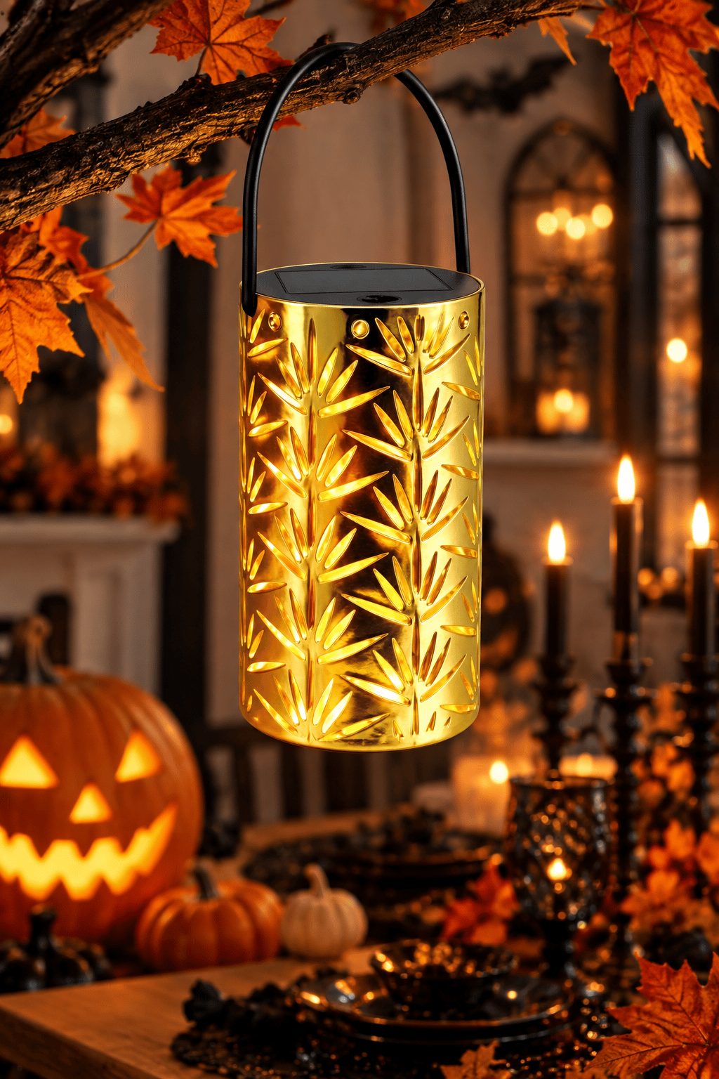Led ışık Gold Metal Dekoratif Pilli Led Fener Lamba yapraklı askılı