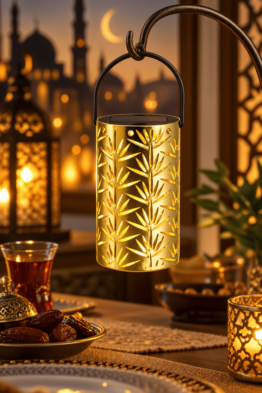 Led ışık Gold Metal Dekoratif Pilli Led Fener Lamba yapraklı askılı