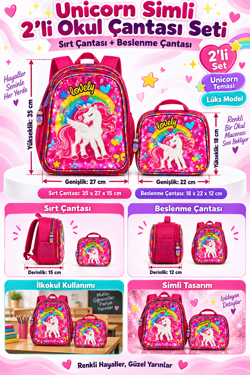 Lüx Simli 2li SET Çanta+beslenme 1379 UNICORN