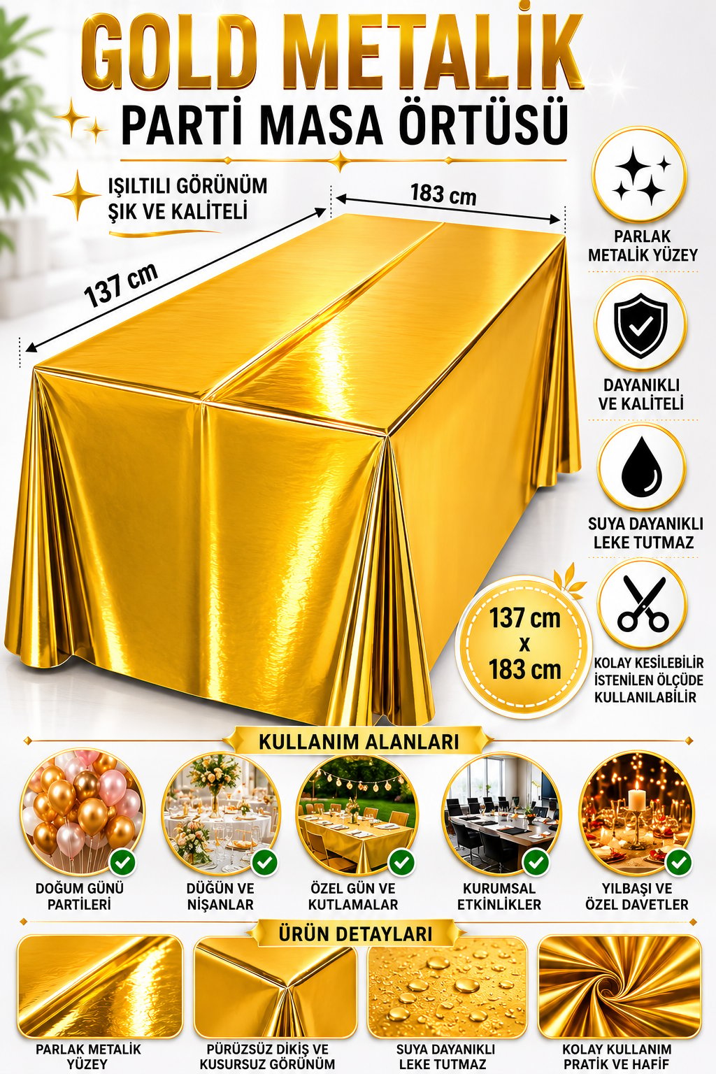 Masa Örtüsü Gold-Altın Metalik Parti Masa Örtüsü 137*183 cm mezuniyet