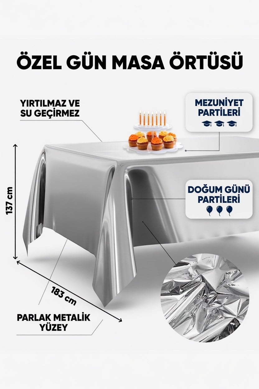 Masa Örtüsü Gümüş Metalik Parti Masa Örtüsü 137*183 cm mezuniyet
