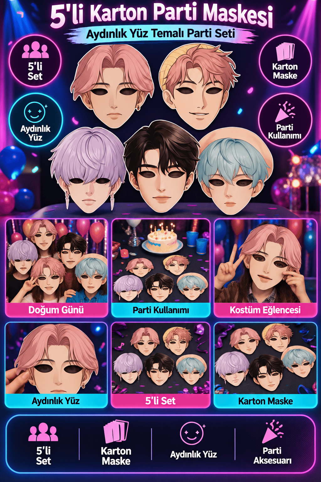 Maske 6 lı K-Pop Saja Boys Karton Maske Aydınlık yüz