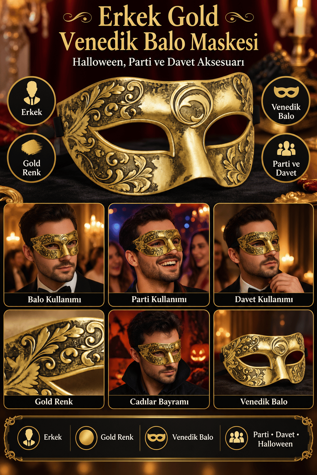 Maske Erkek Parti Maskesi GOLD Venedik Balo- Halloween Davet Maskesi