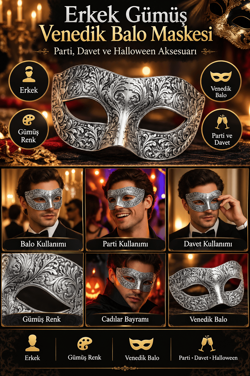 Maske Erkek Parti Maskesi Gümüş Venedik Balo- Halloween Davet Maskesi