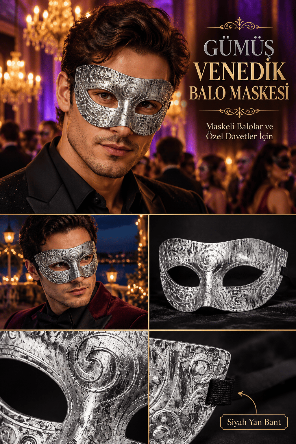 Maske Erkek Parti Maskesi Gümüş Venedik Balo- Halloween Davet Maskesi