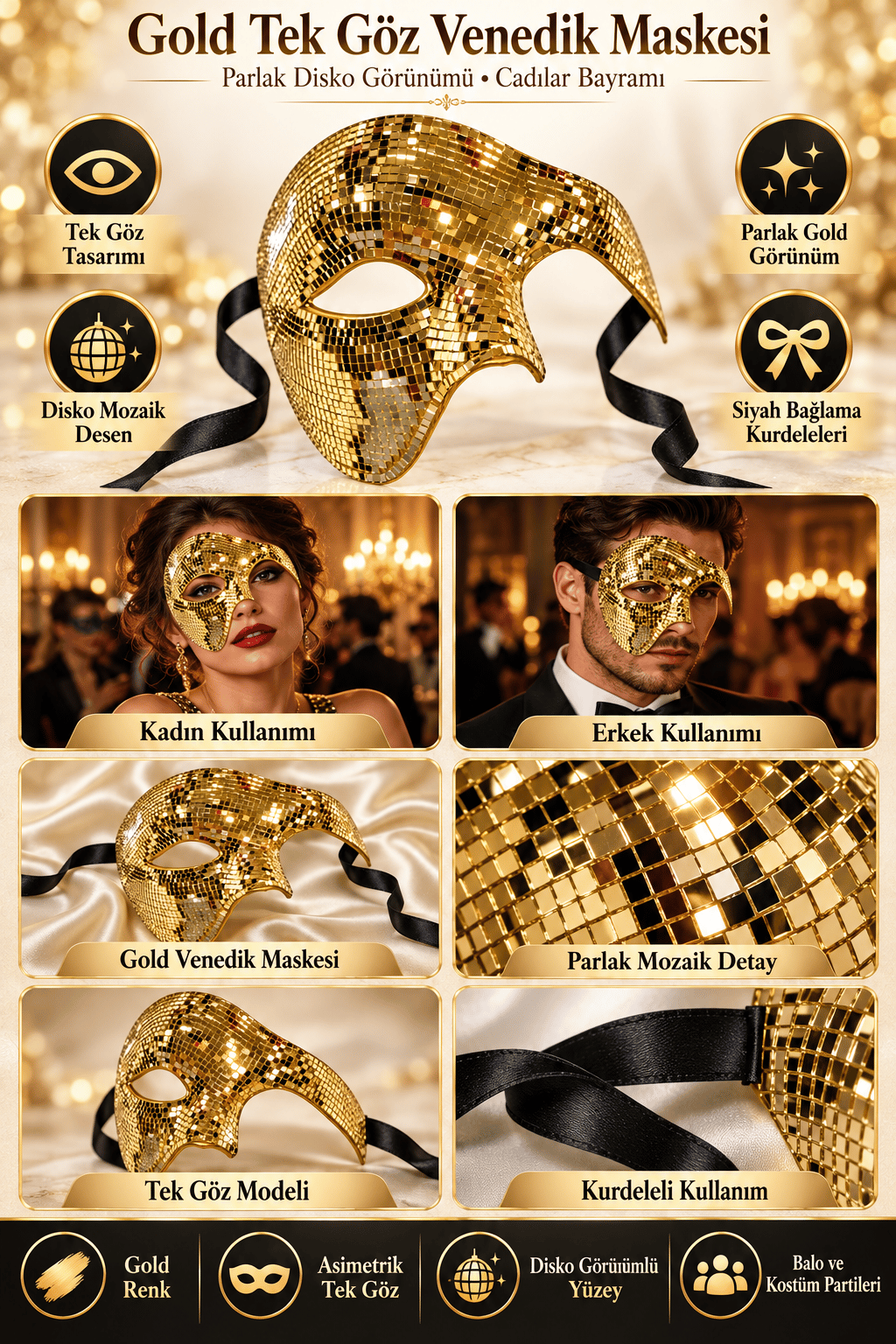 Maske Gold Tek Göz Venedik Maskesi Parlak Disko Parti Kostüm Maskesi