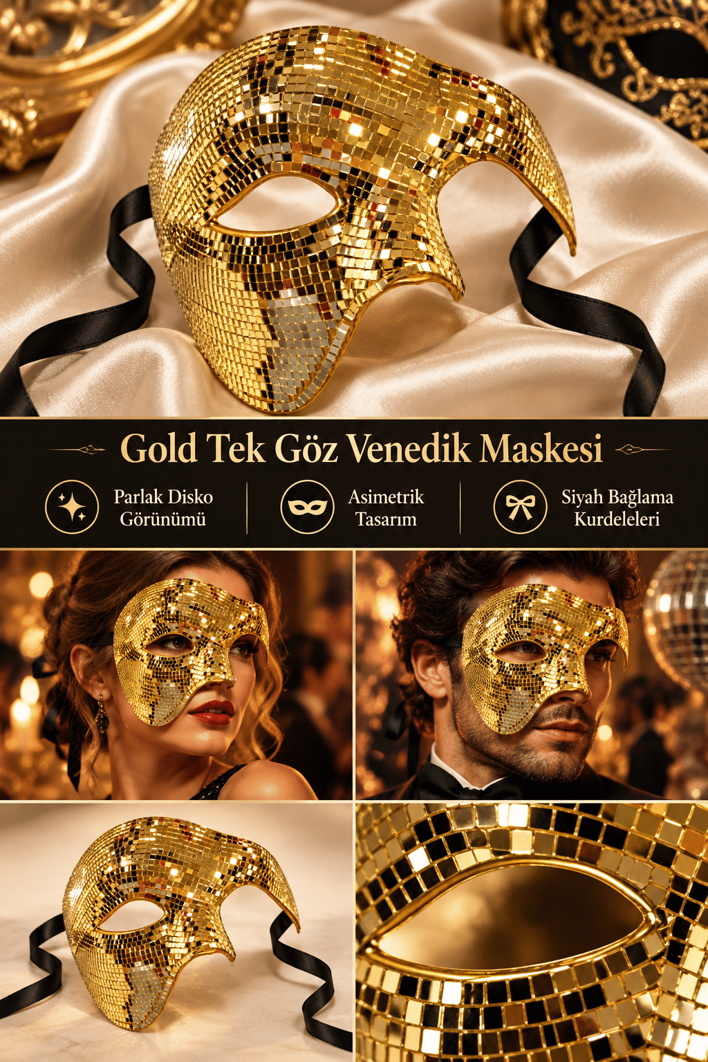 Maske Gold Tek Göz Venedik Maskesi Parlak Disko Parti Kostüm Maskesi