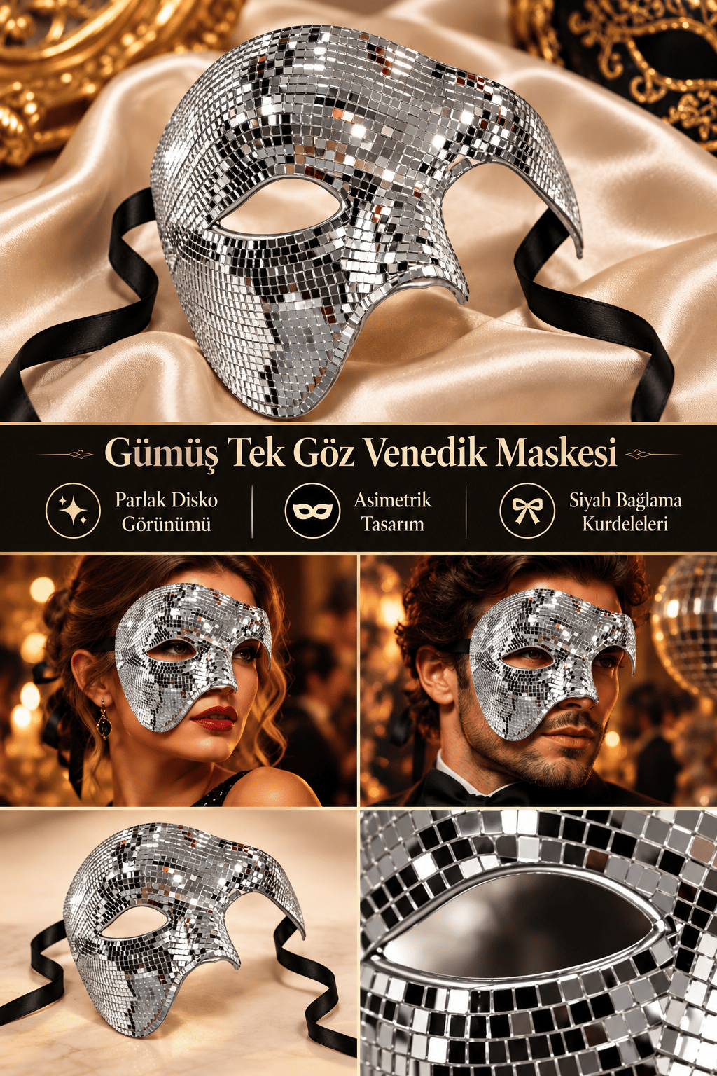 Maske Gümüş Tek Göz Venedik Maskesi Parlak Disko Parti Kostüm Maskesi