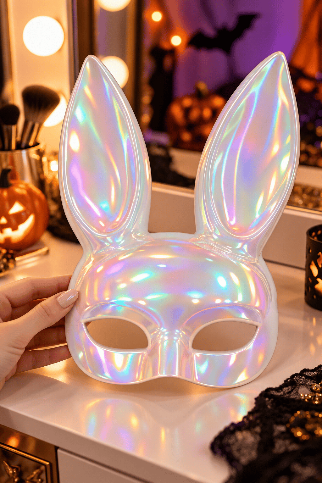 Maske Holografik Tavşan Kulaklı Parti Maskesi – Parlak Sedefli Beyaz Maske, Karnaval