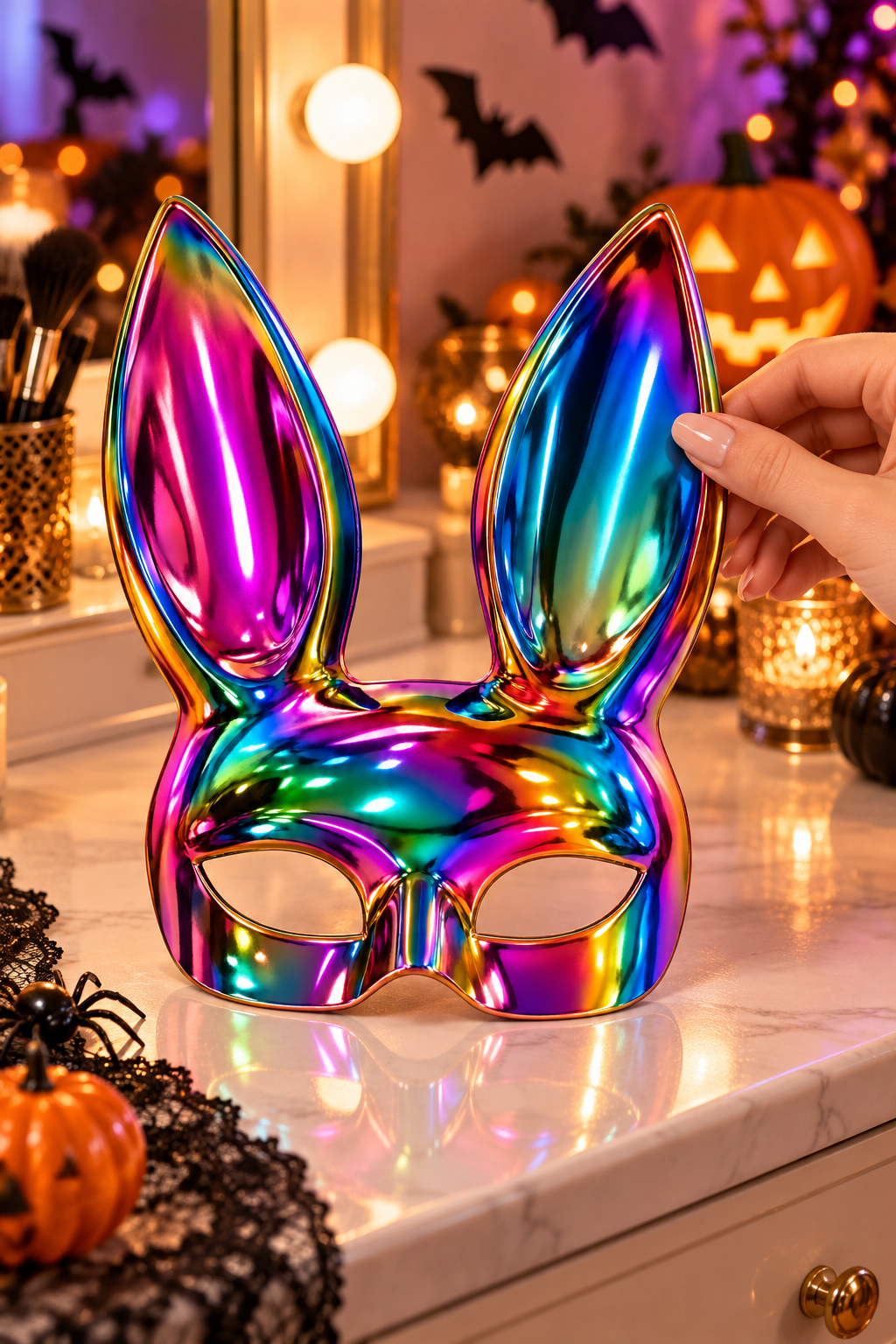 Maske Holografik Tavşan Kulaklı Parti Maskesi – Parlak Renkli Maske, Karnaval