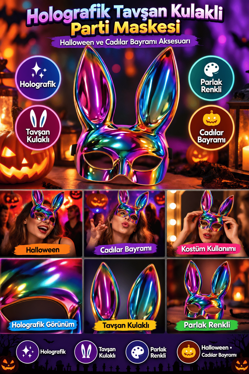 Maske Holografik Tavşan Kulaklı Parti Maskesi – Parlak Renkli Maske, Karnaval