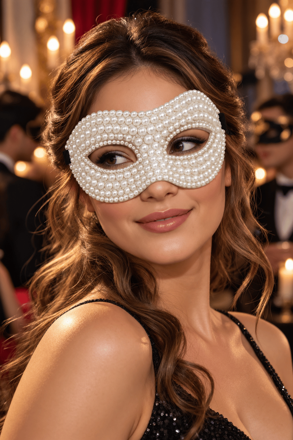 Maske İnci Detaylı Parti Maskesi Beyaz Kadın Maske Balo Halloween ve Davet Aksesuarı