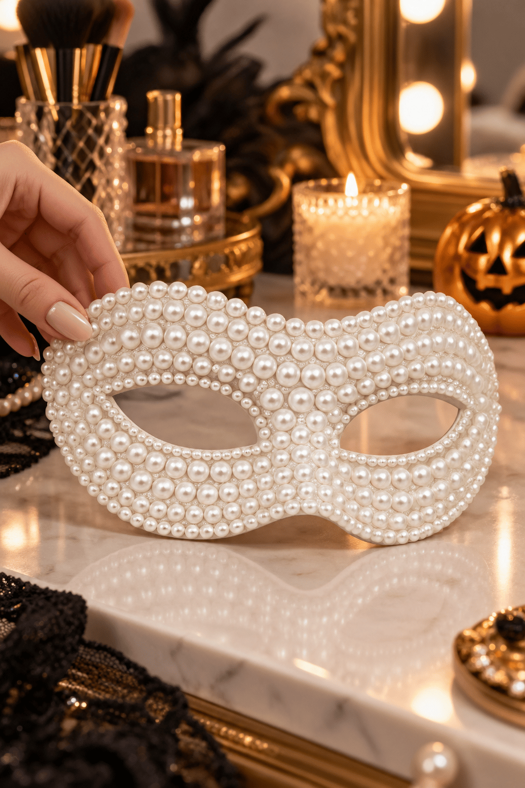 Maske İnci Detaylı Parti Maskesi Beyaz Kadın Maske Balo Halloween ve Davet Aksesuarı