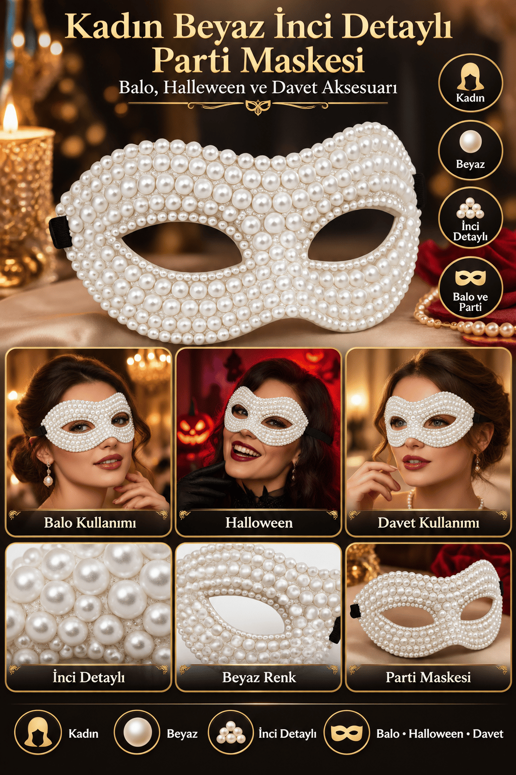 Maske İnci Detaylı Parti Maskesi Beyaz Kadın Maske Balo Halloween ve Davet Aksesuarı