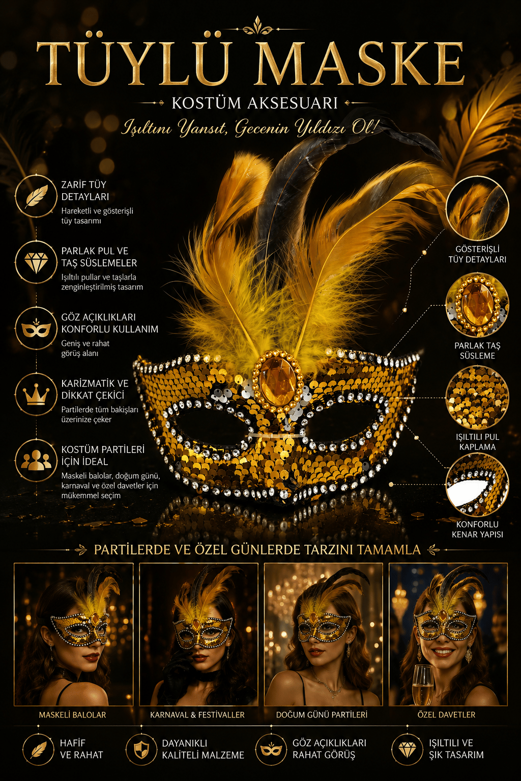 Maske Maske Pullu Tüylü Gold Maske Halloween Cadılar Bayramı