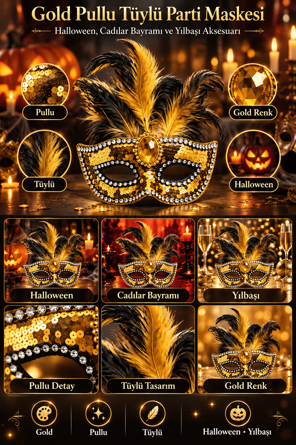 Maske Maske Pullu Tüylü Gold Maske Halloween Cadılar Bay-Yılbaşı