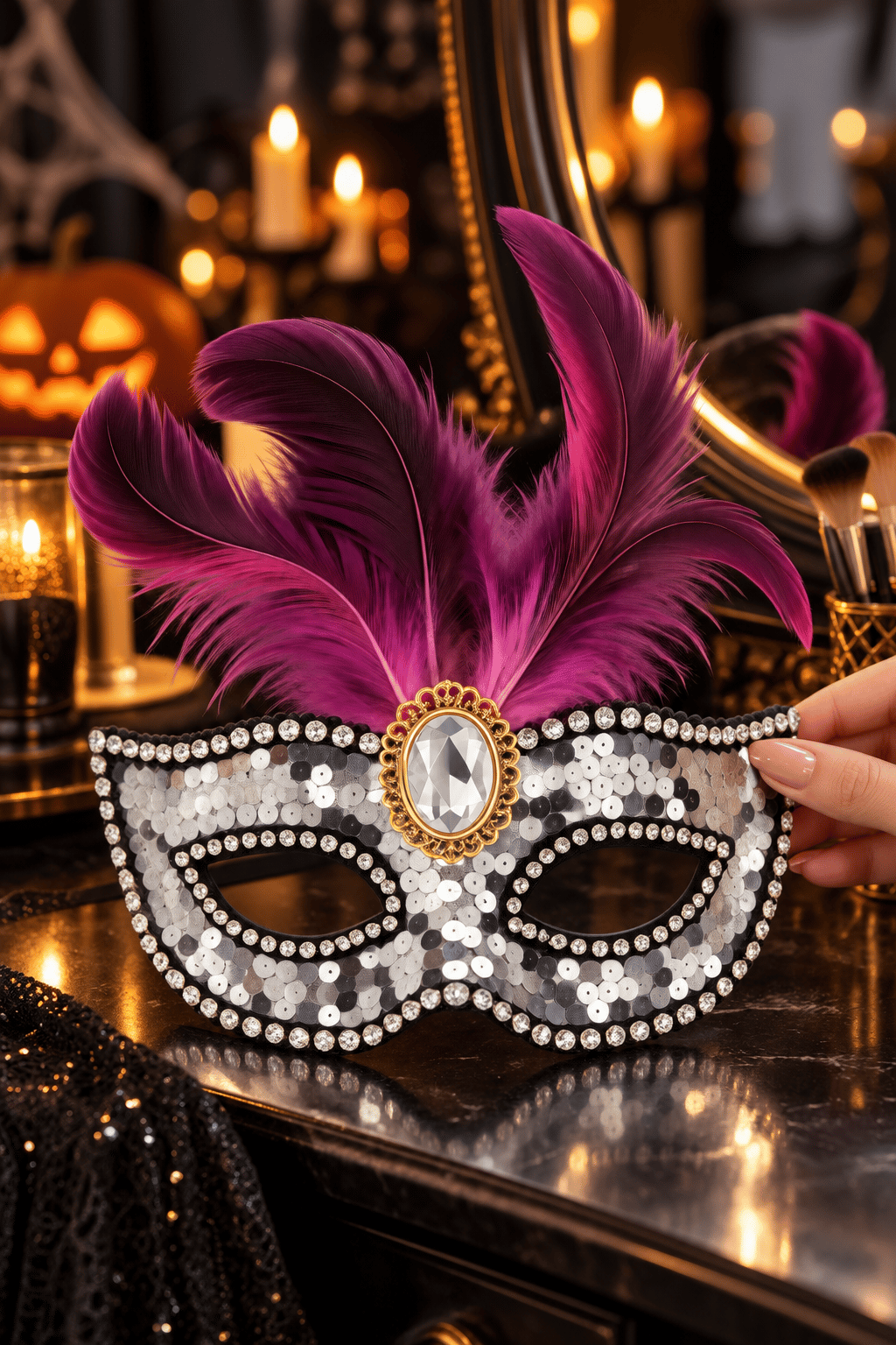 Maske Maske Pullu Tüylü Gümüş Maske Halloween Cadılar Ba-Yılbaşı