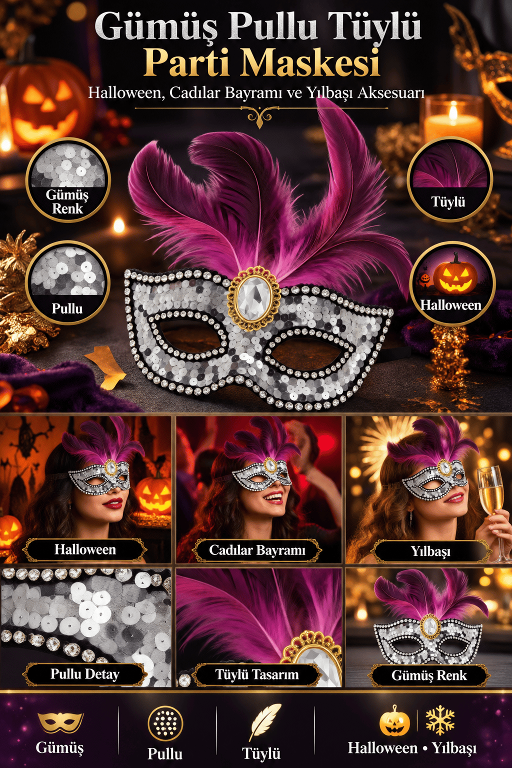 Maske Maske Pullu Tüylü Gümüş Maske Halloween Cadılar Ba-Yılbaşı