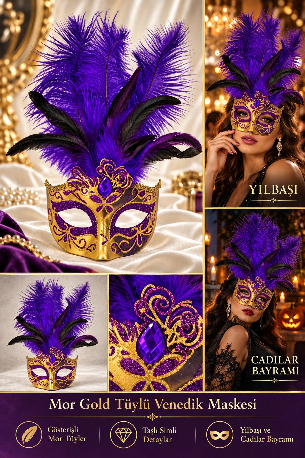 Maske Mor Gold Tüylü Venedik Maskesi Taşlı Simli yılbaşı-halloween parti