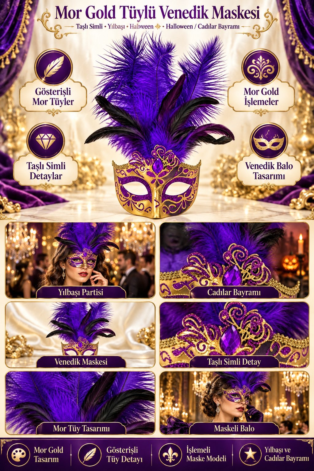 Maske Mor Gold Tüylü Venedik Maskesi Taşlı Simli yılbaşı-halloween parti