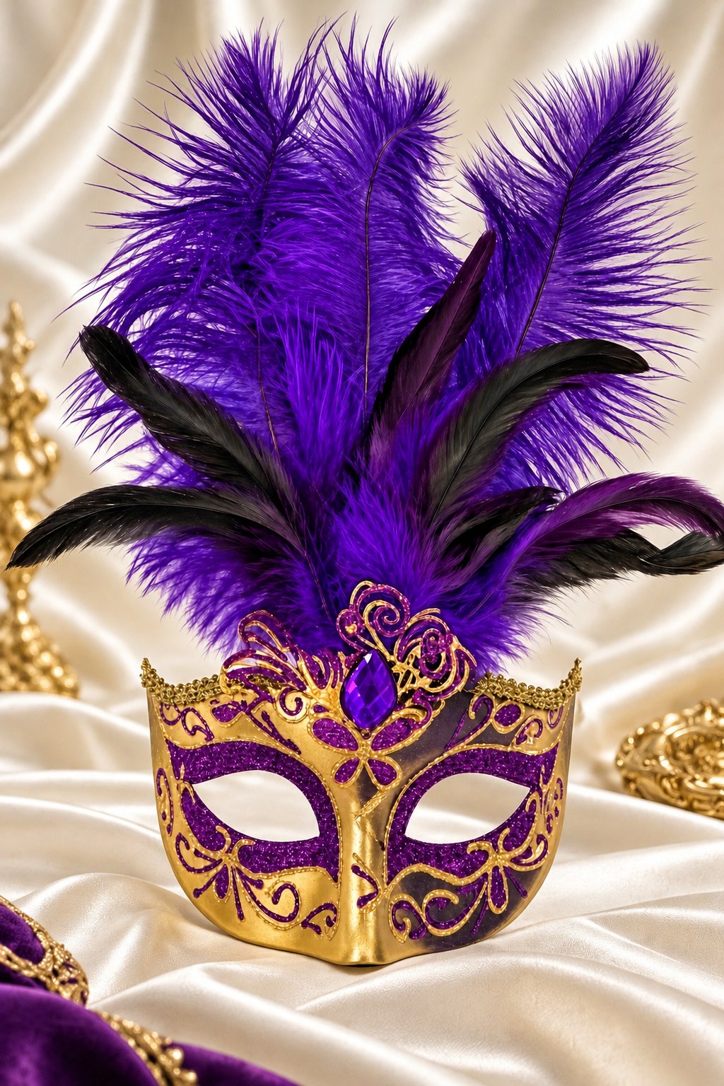 Maske Mor Gold Tüylü Venedik Maskesi Taşlı Simli yılbaşı-halloween parti