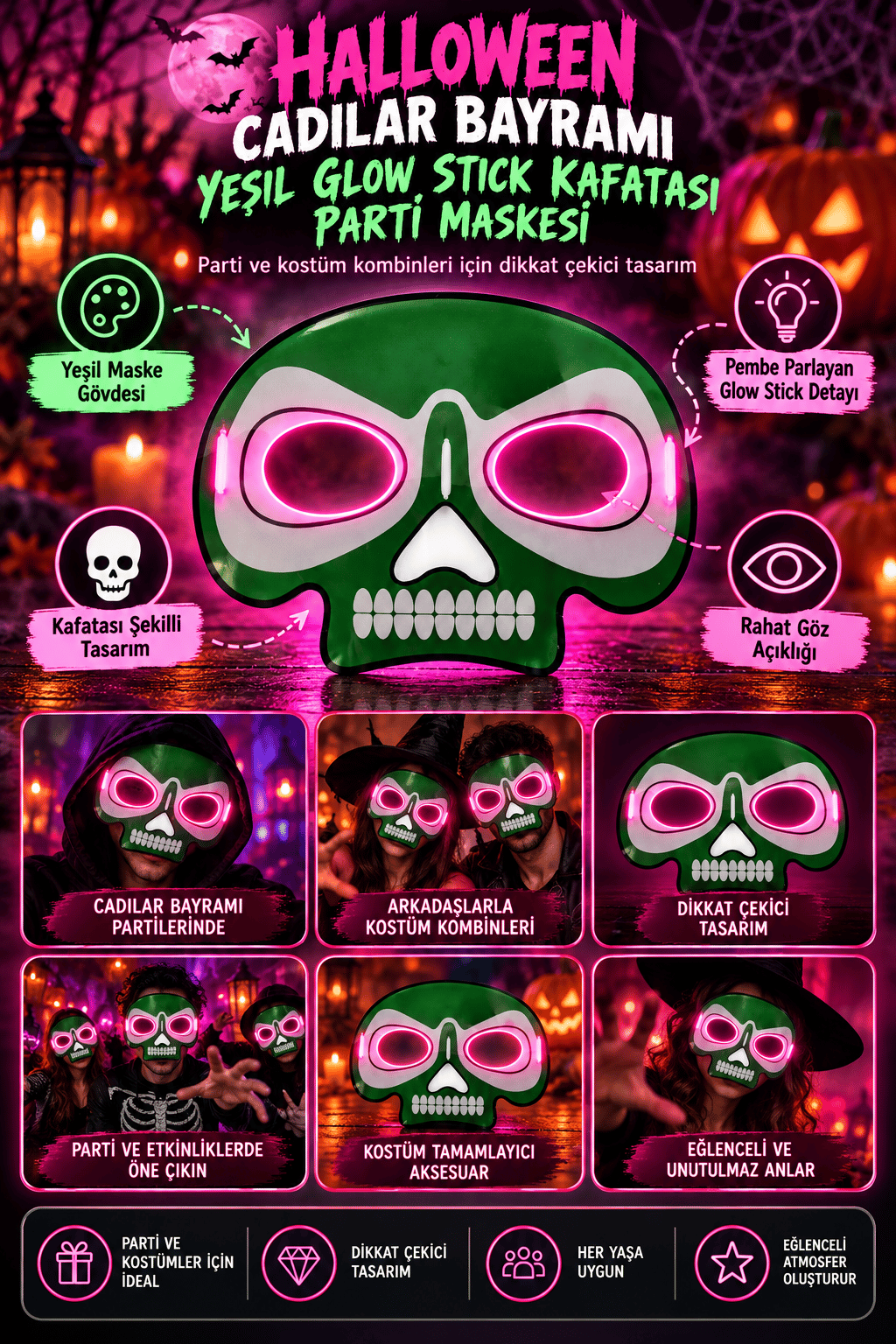Maske parti maskesi PEMBE glow stick -
