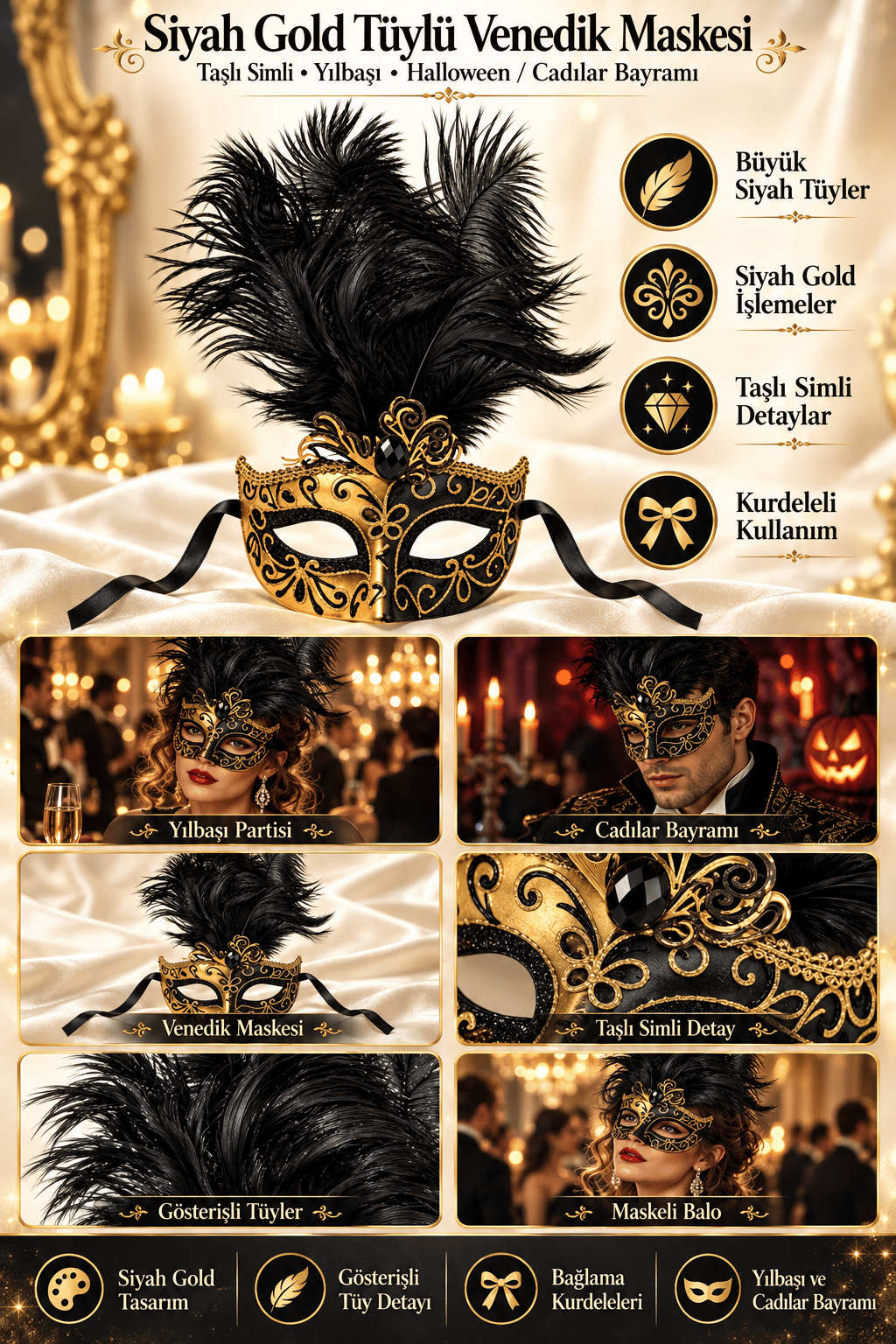 Maske Siyah Gold Tüylü Venedik Maskesi Taşlı Simli yılbaşı-halloween parti